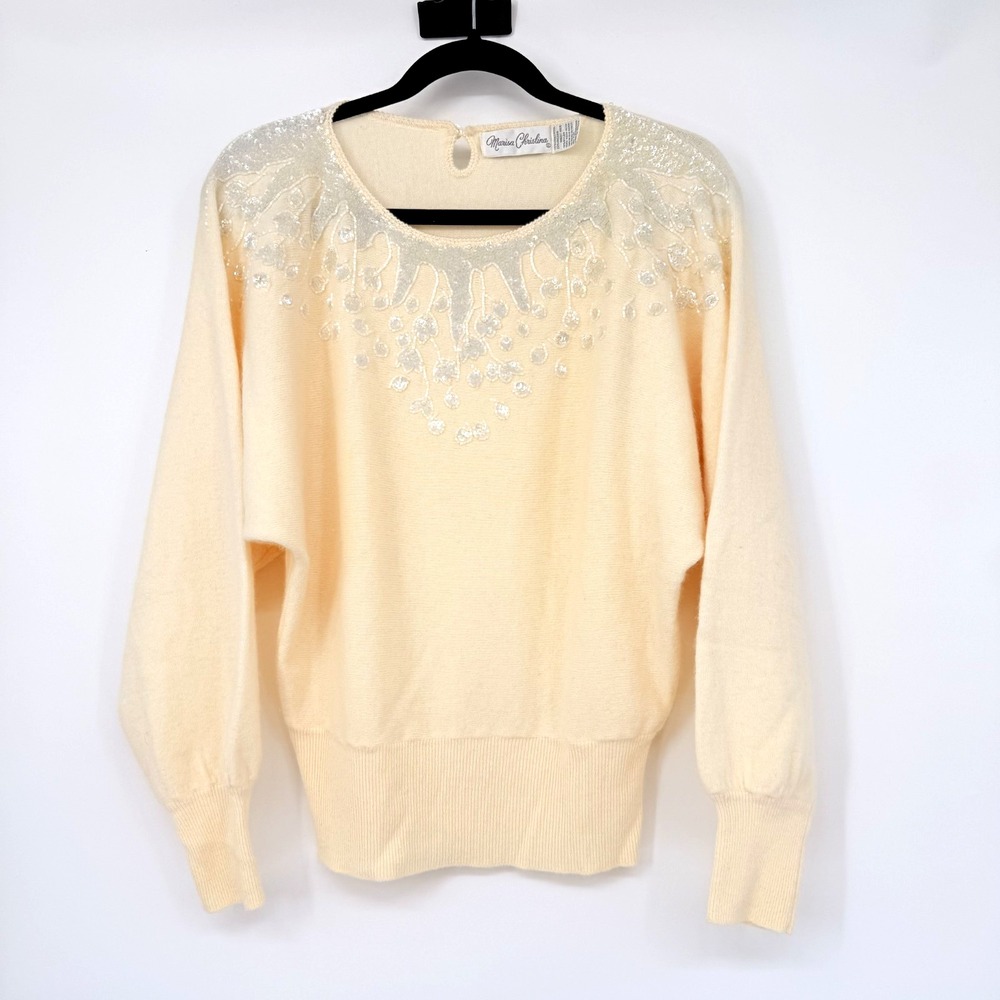 Marisa Christina Beaded Lambswool Angora BAtwing Sweater Womens Cream